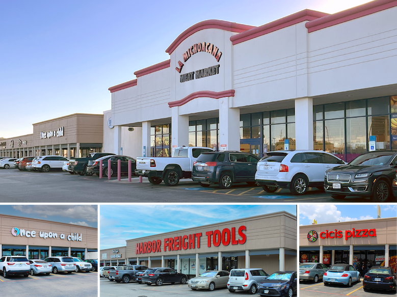 Four-photo collage depicting Mason Village Shopping Center in Katy, Texas