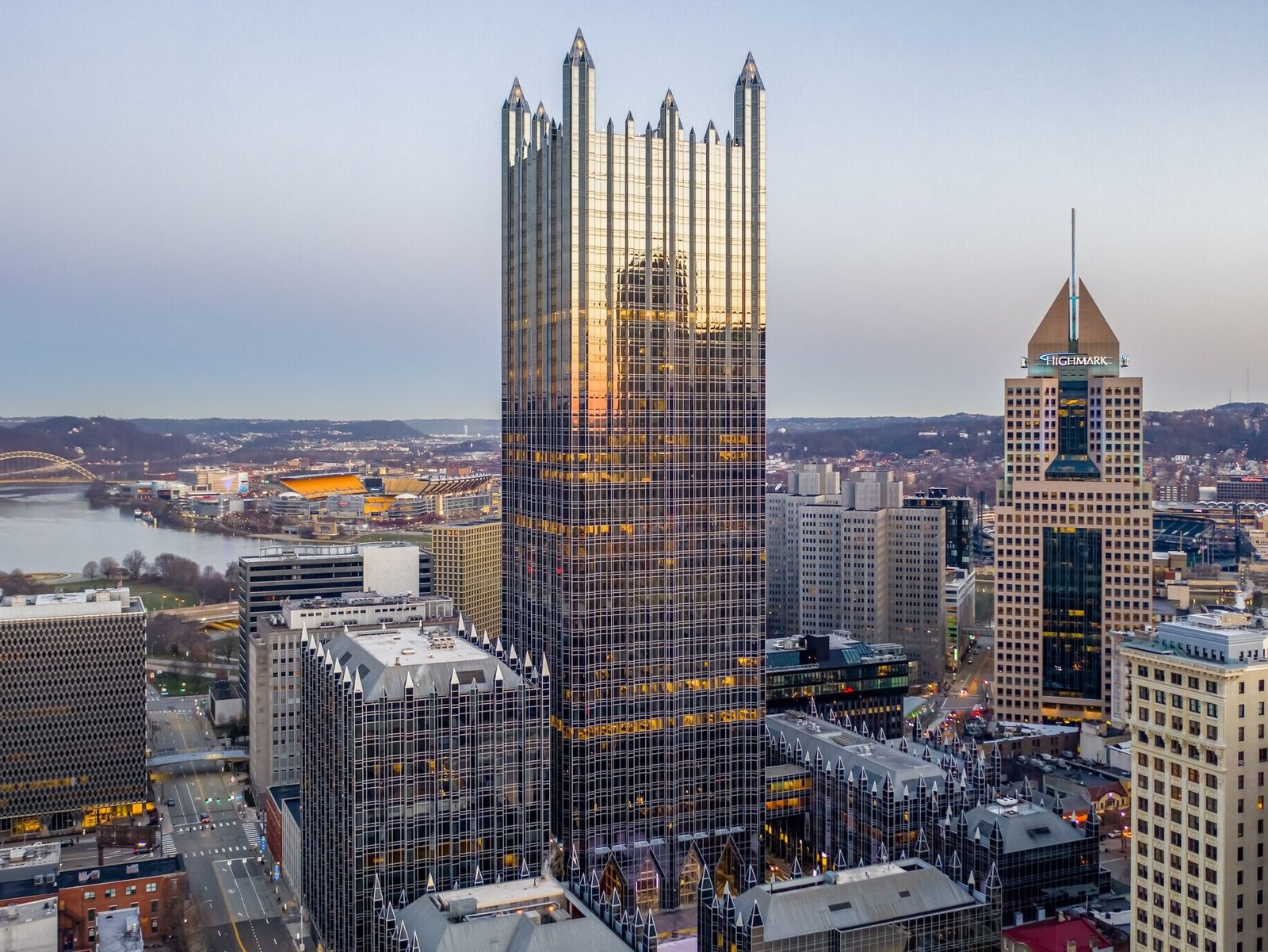 Aerial shot of One PPG Place in Pittsburgh, one of the six Class A towers at the property.
