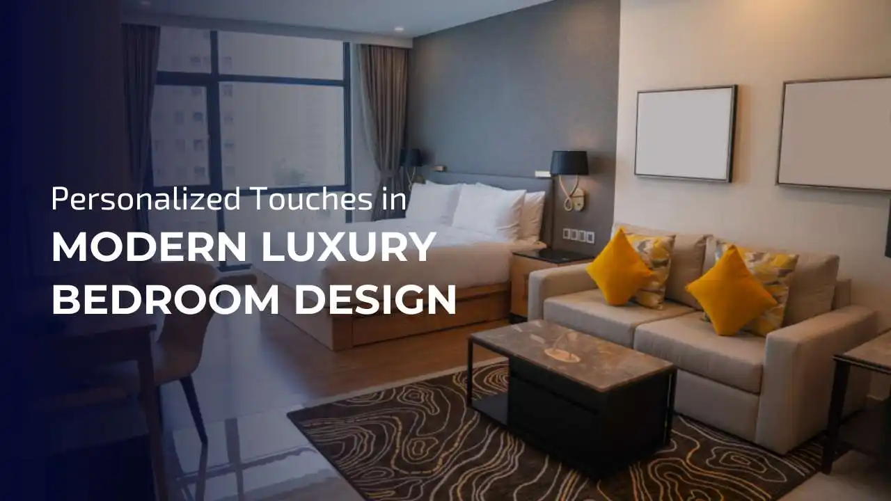 A modern luxury bedroom featuring personalized touches like framed photos and books