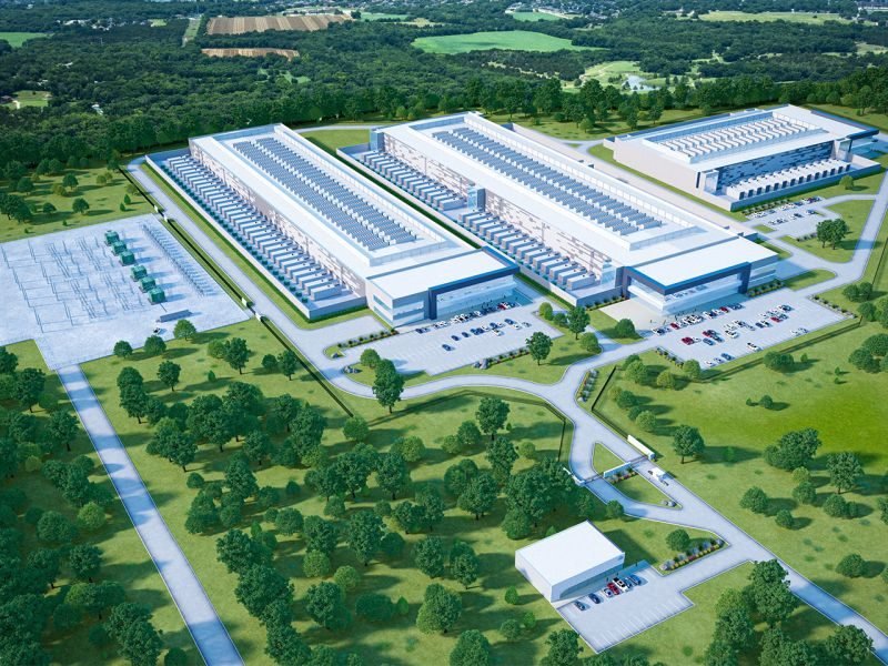 Aerial rendering of PowerCampus Dallas, a data center project under construction in Lancaster, Texas.
