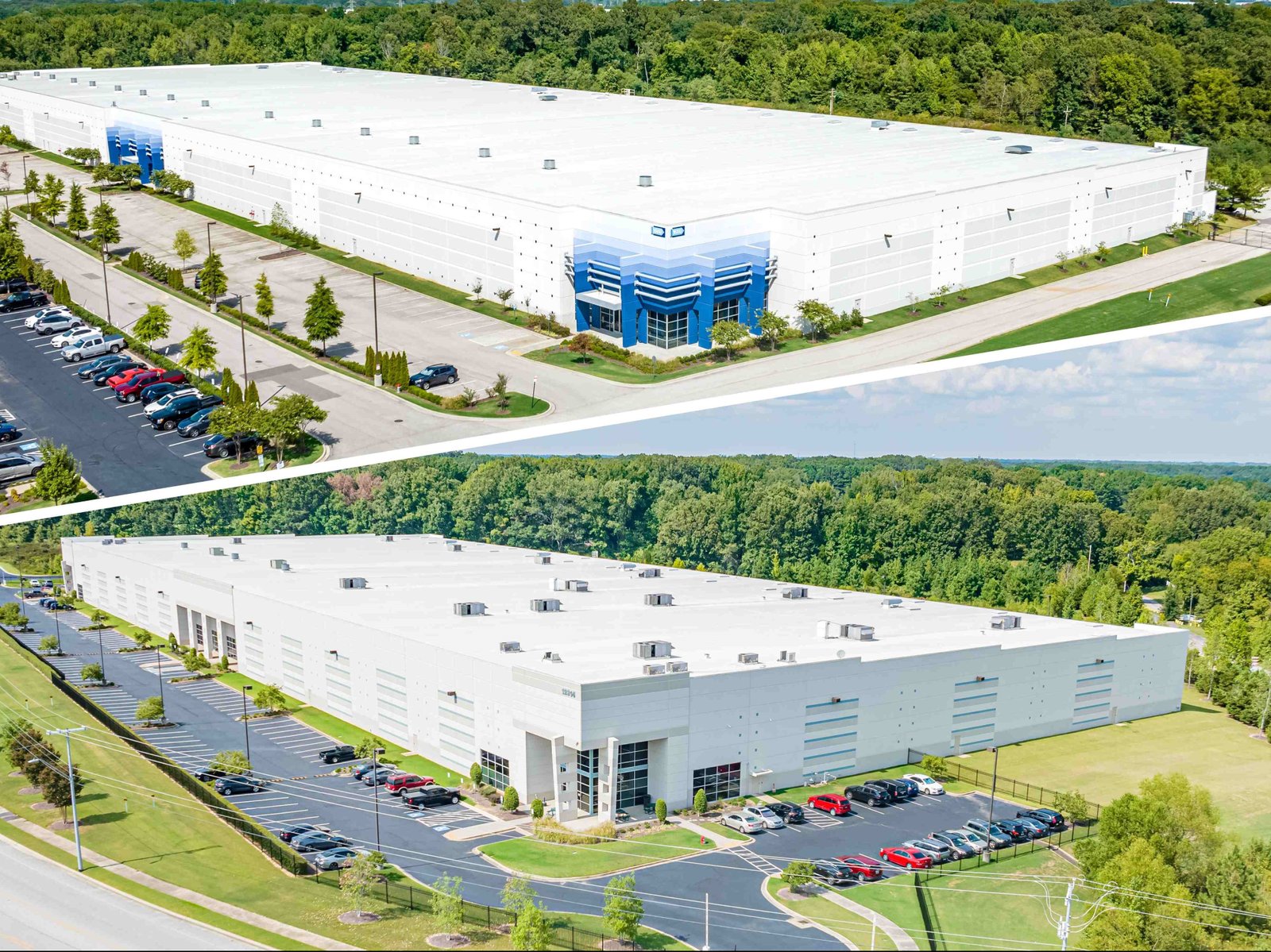 Aerial views of the two industrial properties that changed hands in the DeSoto County submarket of Memphis, Tenn.