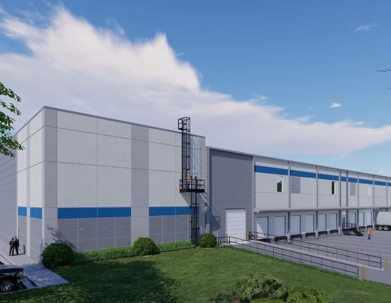 Rendering of The Broe Group’s build-to-suit industrial facility at 5601 Bucknell, a white, blue and gray building.