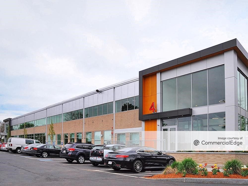 Exterior shot of one of the buildings within The XChange, an office and R&D campus in Bedford, Mass.