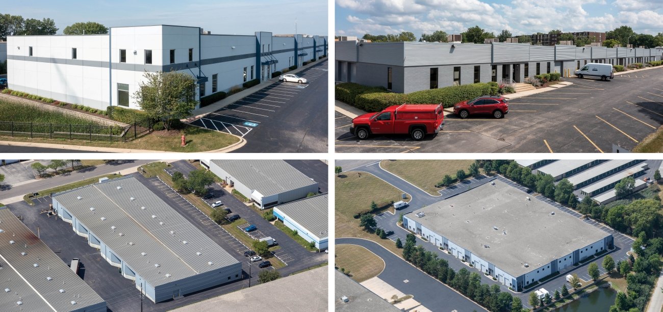 Four images showcasing various Class B industrial buildings alongside their respective parking lots.