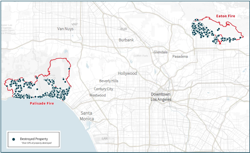 Map of the Palisades and Eaton fires, according to JLL Research