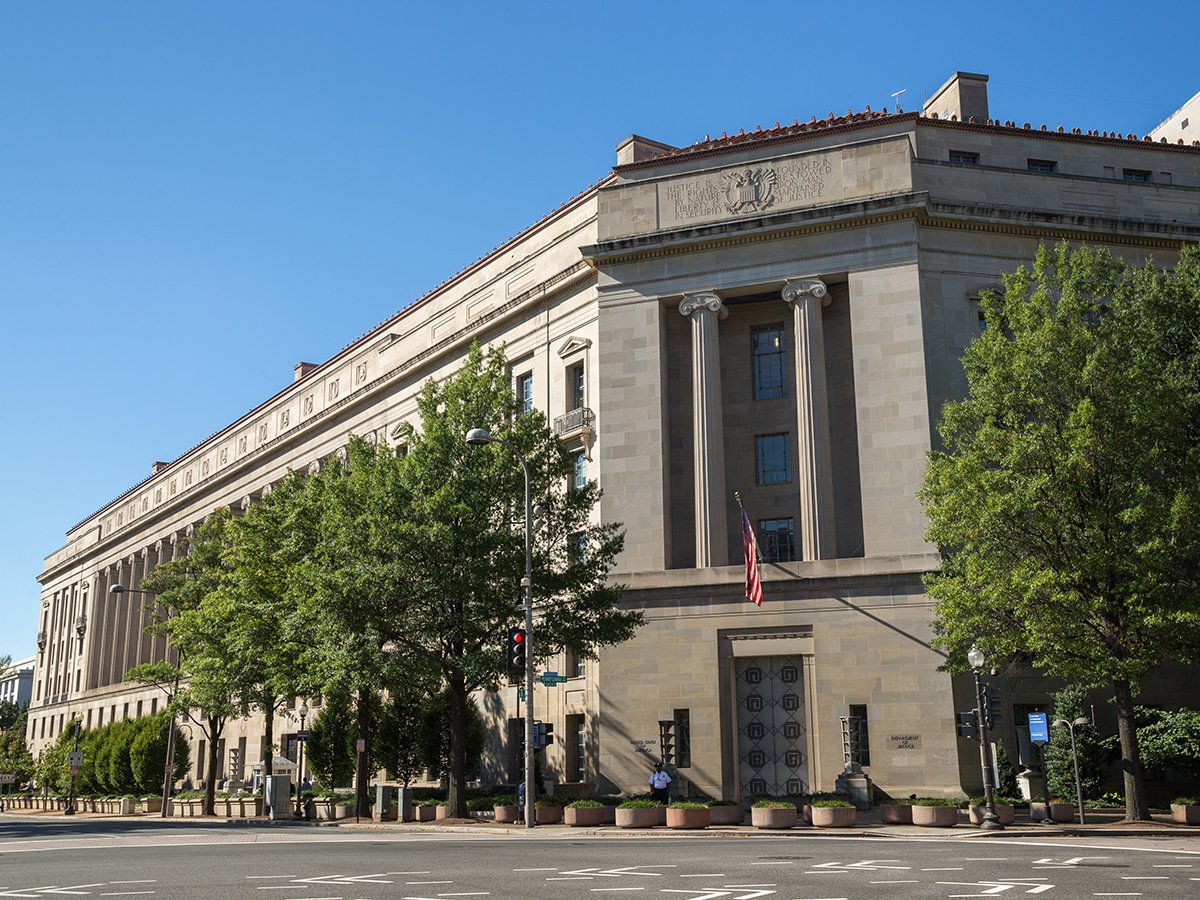 Exterior shot of the U.S. Department of Justice building in Washington D.C.