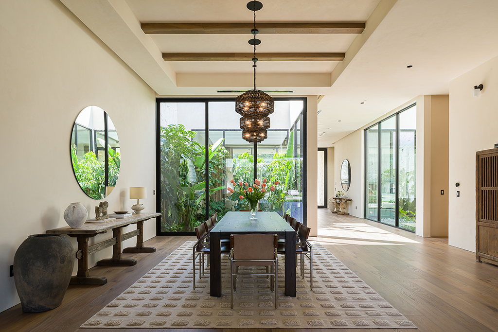 Long view of the dining room, hallways and atrium