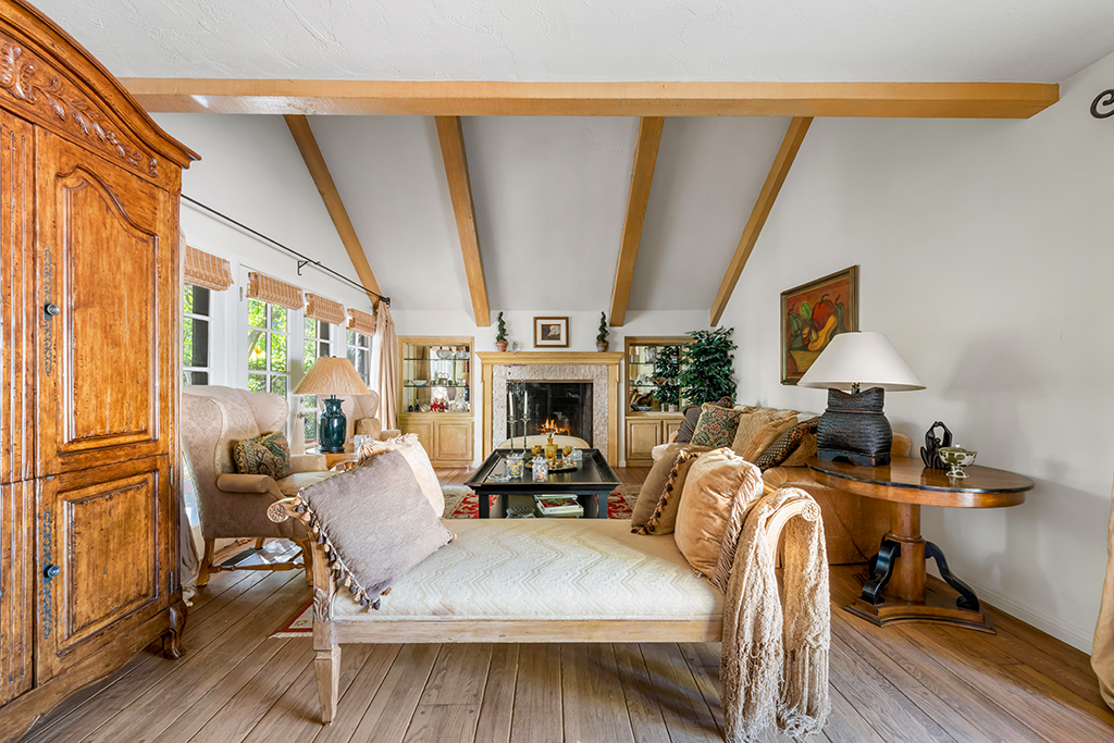 Living Room With Fireplace | The Agency Journal Sitting room with fireplace, high beamed ceilings