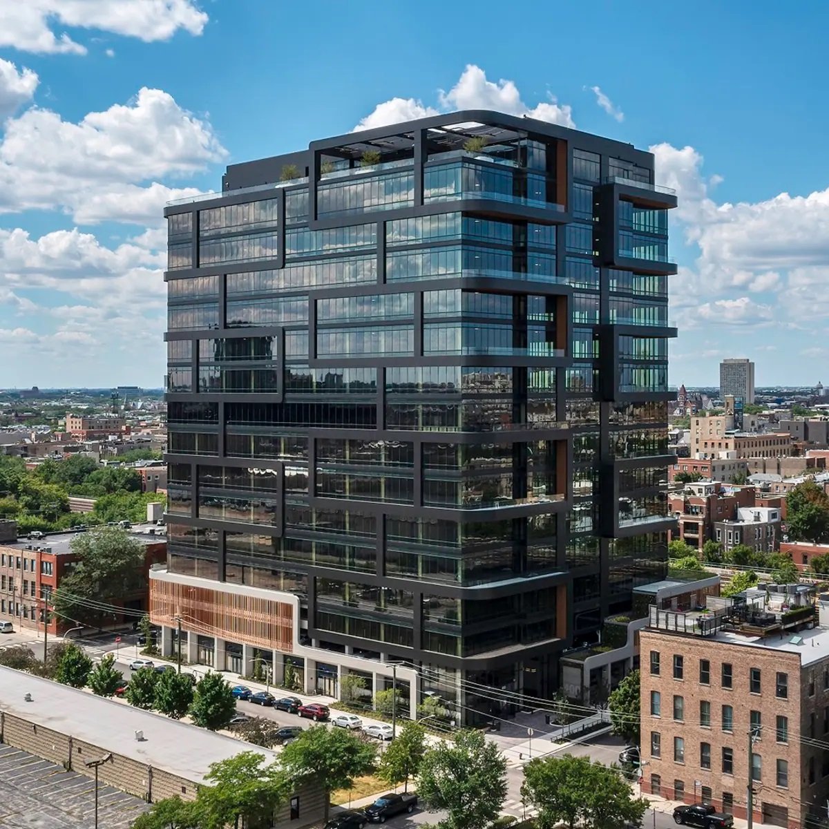 Exterior shot of the building at 400 N. Aberdeen St. in Chicago