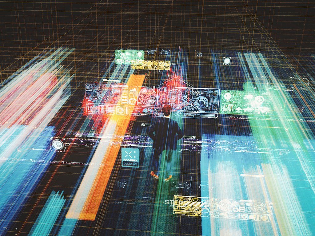 Abstract technology image with man using VR environment. This is entirely 3D generated image.