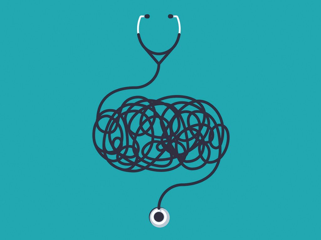 Healthcare and medicine tangled complex confusion medical illustration concept.