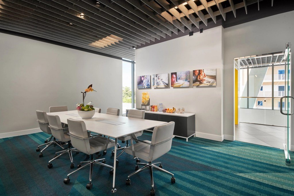 Interior shot of one of Industrious and Brightline's new coworking spaces, in four train stations across Florida.