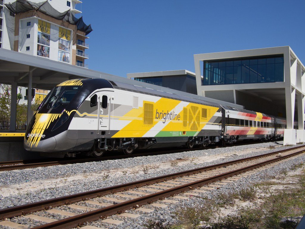 Exterior shot of one of Brightline's trains.