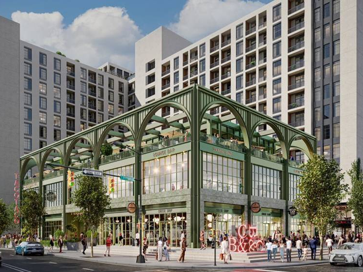 Rendering depicting the three-story retail facility that's part of the office-to-residential conversion of the former Duke Energy headquarters in Charlotte, N.C.