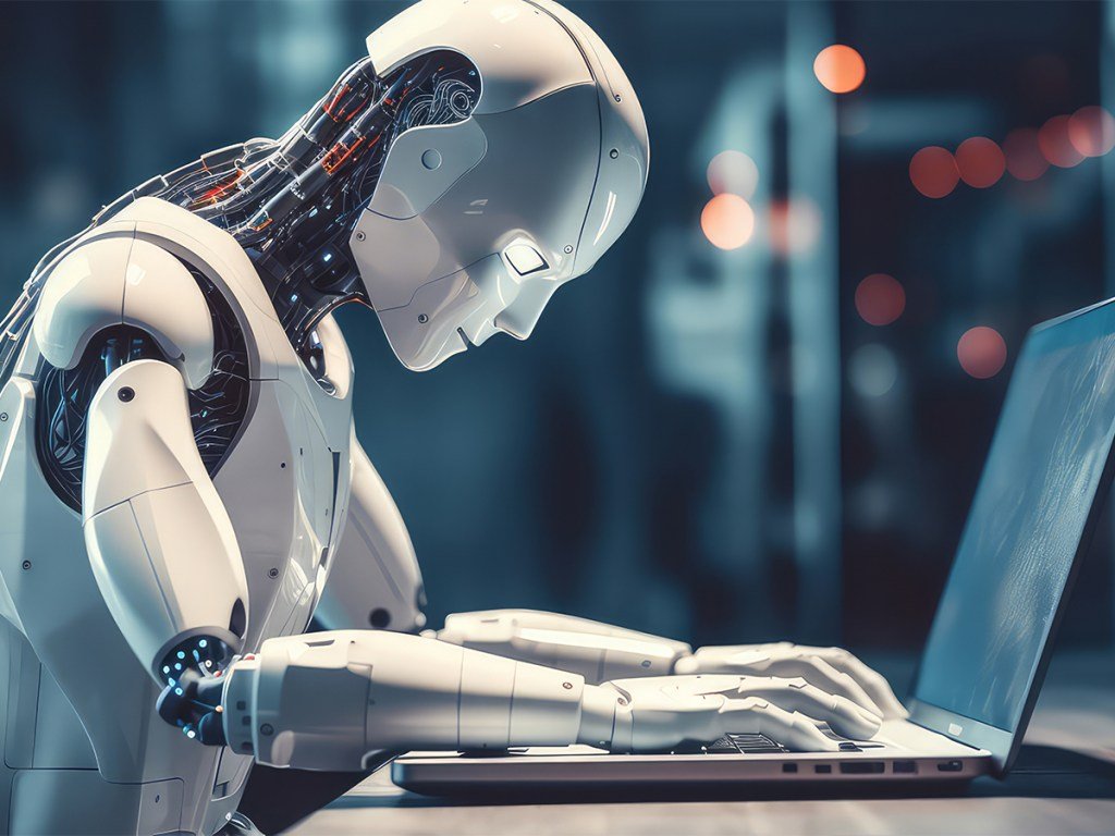 Humanoid robot programming on a laptop. Artificial intelligence replaces human employees concept.