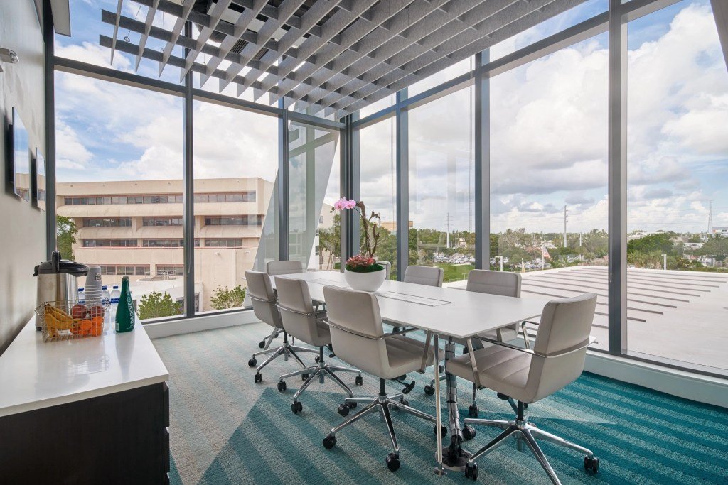 Interior shot of one of Industrious and Brightline's new coworking spaces, in four train stations across Florida.