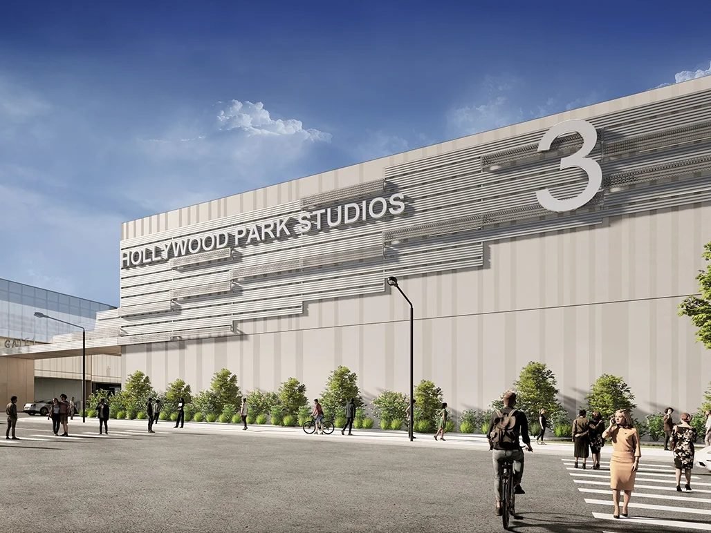 Exterior renderings of one of the buildings at Hollywood Park Studios