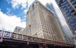 chicago civic opera building and lyric opera bridge viewed from the chicago river