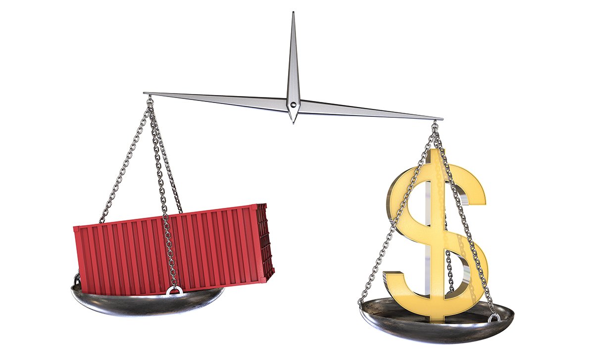 3D illustration: vintage scales in disbalance with the red cargo container on one side and a sign of us dollar on the other. On white background. Economic balance. Trade war.