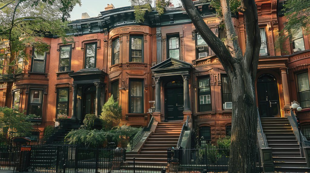 A Beautiful brownstone buildings in Brooklyn Heights, showcasing classic architecture and lush greenery. warm sunlight enhances charm of this historic neighborhood