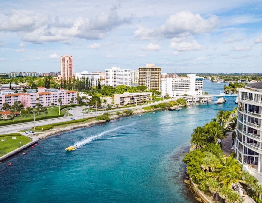 Scenic aerial perspective of Boca Raton with palm trees and water, reflecting its development into a high-growth industry center.