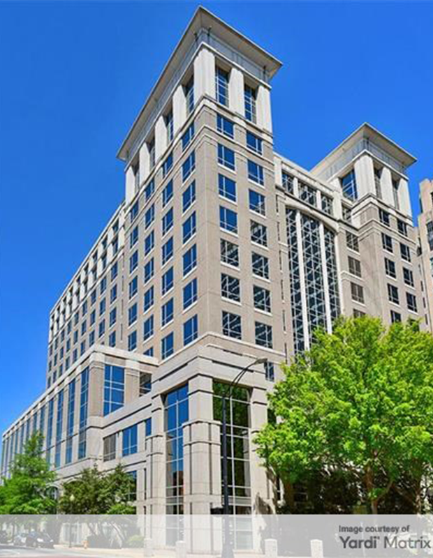 Full exterior picture of One West Fourth office building in Winston-Salem, N.C.