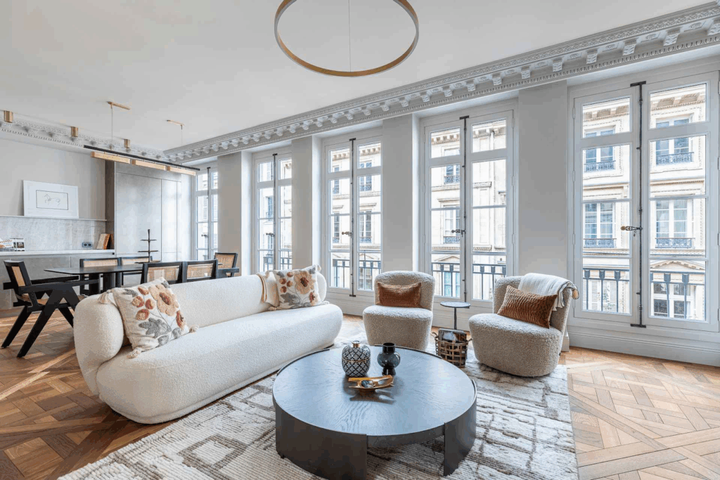 Natural light streams through expansive floor-to-ceiling windows, illuminating this bright 2-bedroom apartment in the heart of the City of Light.