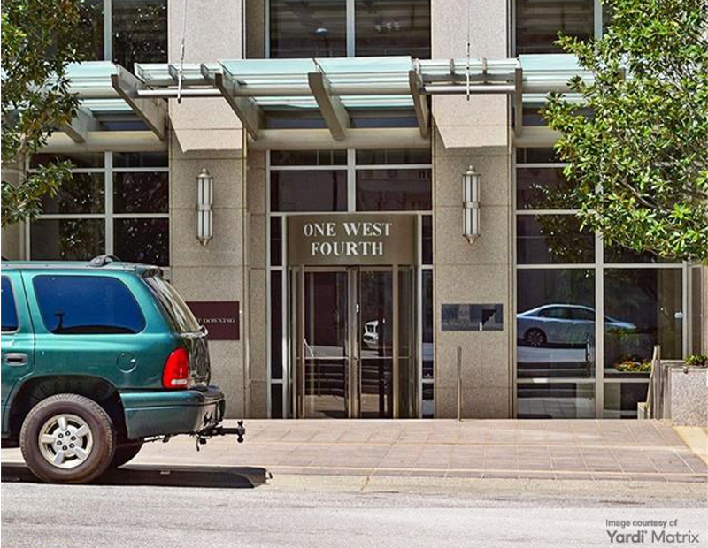 Entrance to One West Fourth a mid-rise building in Winston-Salem, N.C.