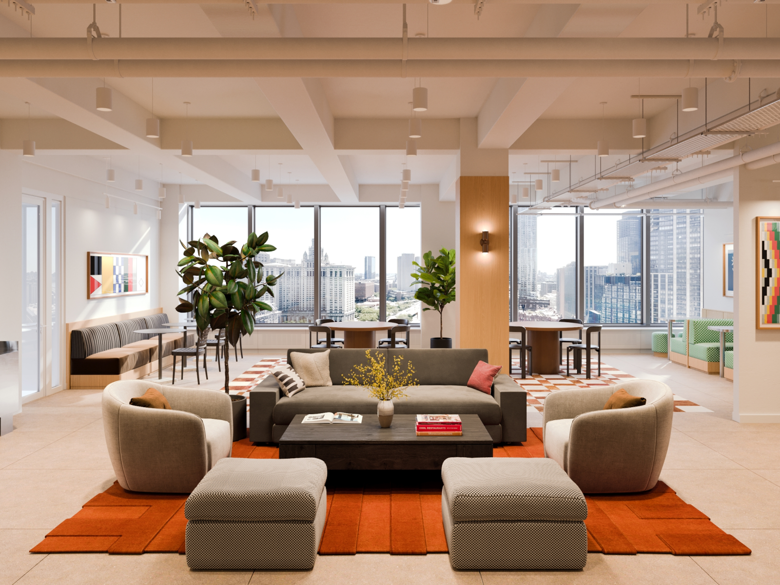Rendering of WeWork's coworking space at 250 Broadway. The image shows a shared sitting area.