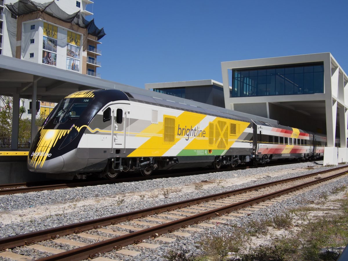 Exterior shot of one of Brightline's trains.