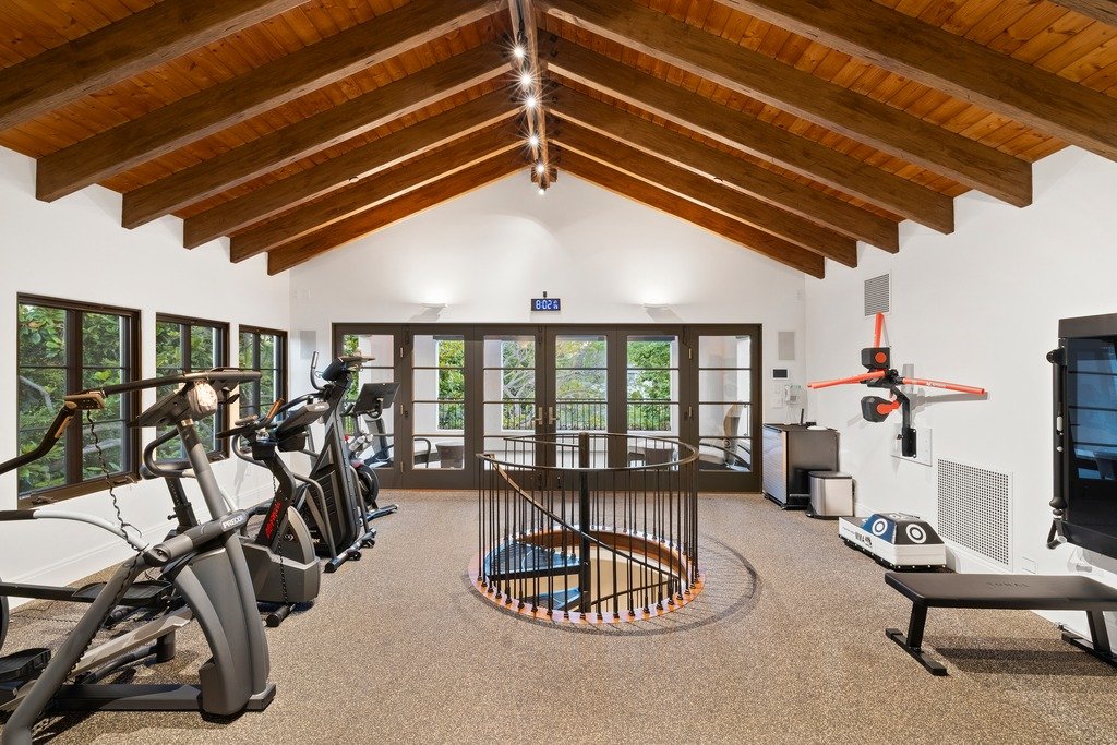 Spacious home gym with a vaulted ceiling and exposed wooden beams, featuring treadmills, ellipticals, and a central spiral staircase. Large windows and glass doors provide natural light and views of greenery, while a mini-bar and wall-mounted TV add convenience. Light flooring contrasts with dark wood accents, creating a bright yet rustic atmosphere