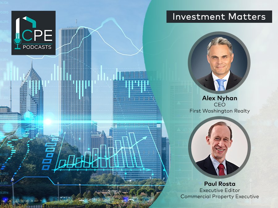 On the right side, graph superimposed on a silhouette of city skyline. On the right, photos of Alex Nyhan and Paul Rosta enclosed in circular frames