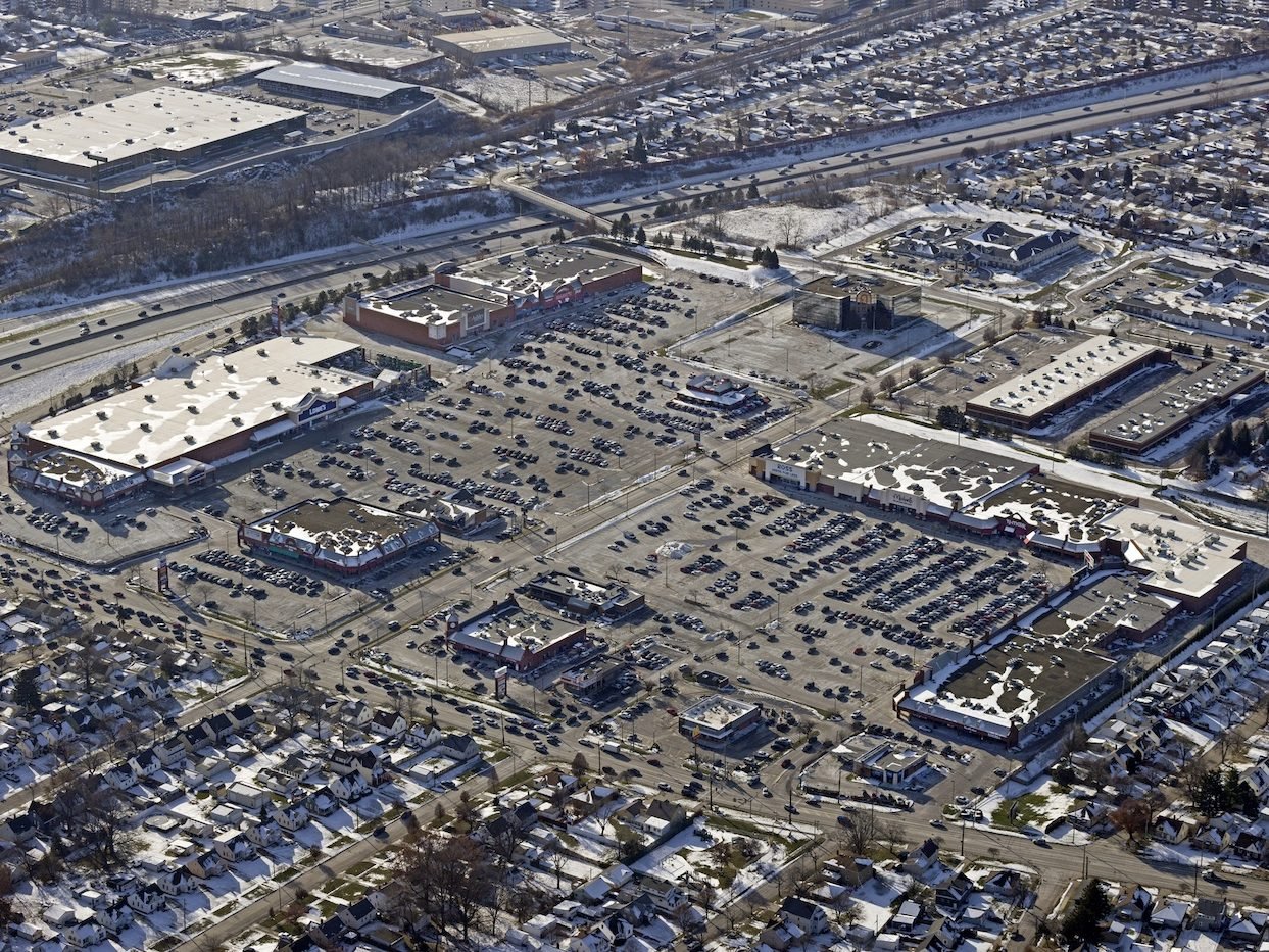Aerial shot of Ridge Park Square, a 386,754-square-foot dual grocery-anchored shopping center in Brooklyn, Ohio. 