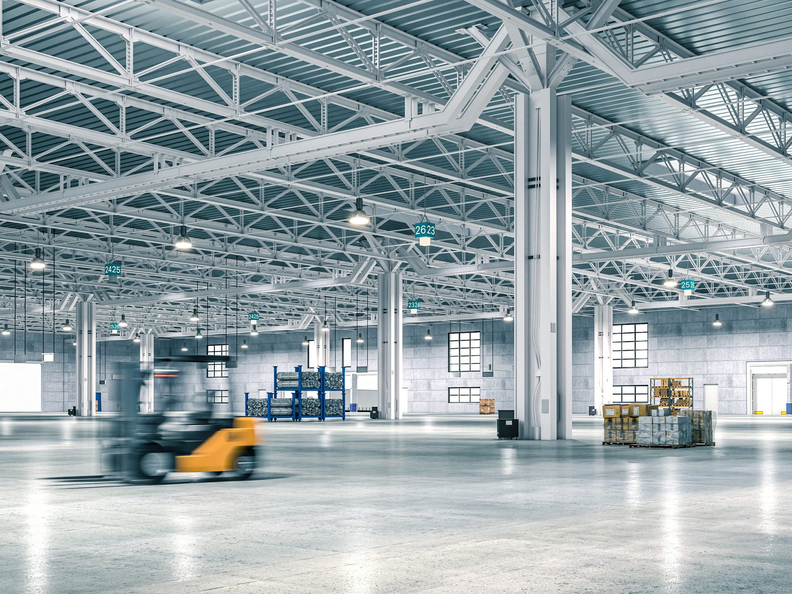 'Wide-angle view of a spacious, well-lit warehouse with forklift in motion blur.'