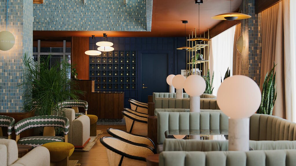 Mid-century modern hotel lobby bar at the Municipal Grand Hotel in Savannah, Georgia.