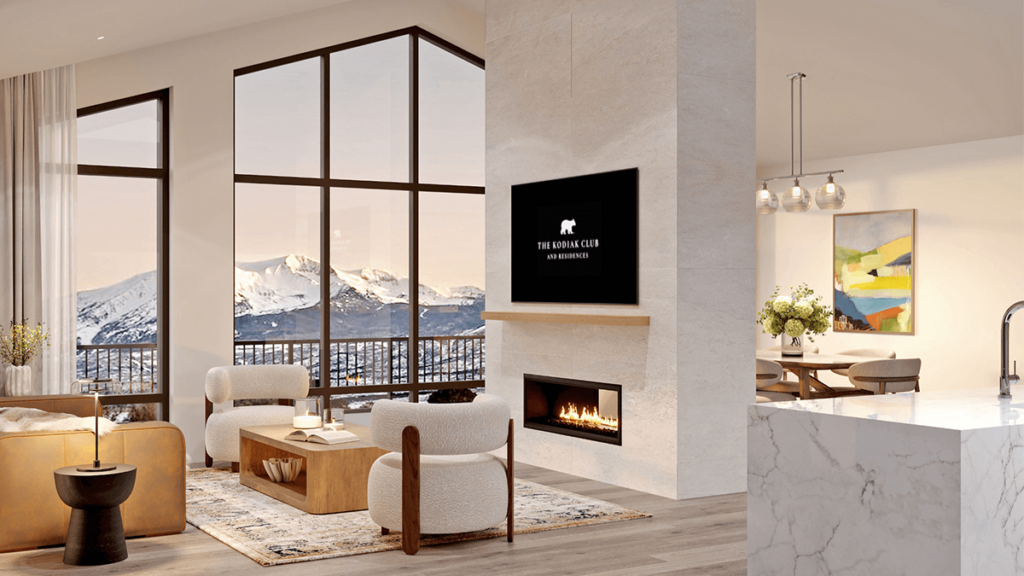Interior rendering of The Kodiak Club and Residences in Basalt, Colorado, featuring a luxury modern mountain living room with floor-to-ceiling windows and fireplace