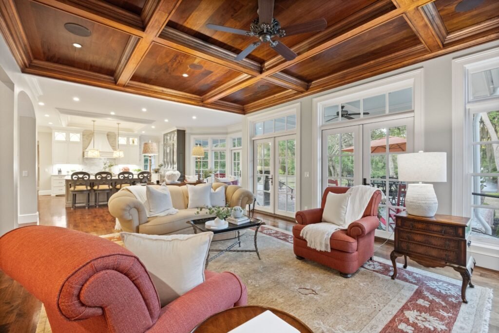 Should we optimize this text for a luxury home listing, a custom millwork and ceiling design portfolio, or an interior staging gallery?