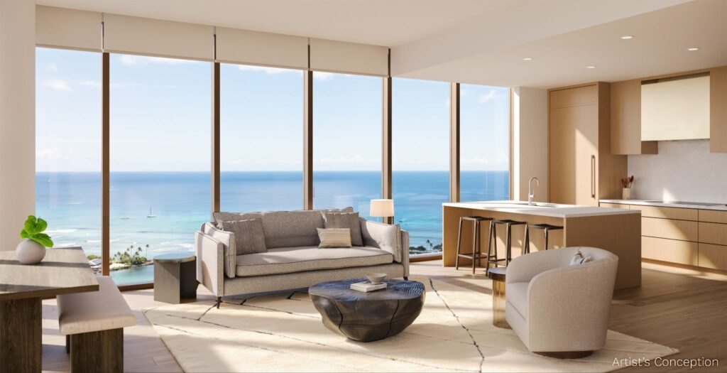 Artist's conception of a modern open-concept living room and kitchen featuring panoramic ocean views through floor-to-ceiling windows.