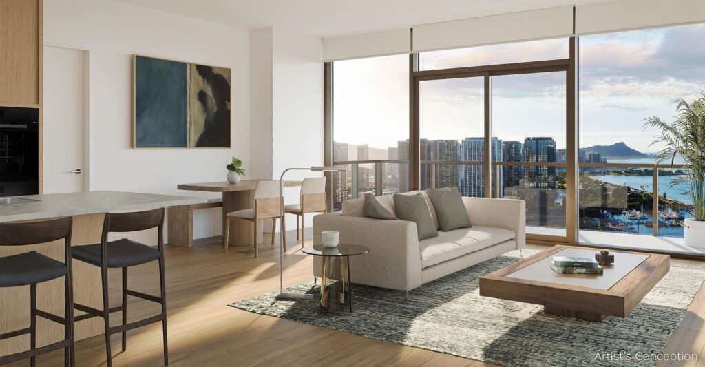 Artist's conception of a modern open-concept living and dining room with floor-to-ceiling windows overlooking the Honolulu skyline and Diamond Head.