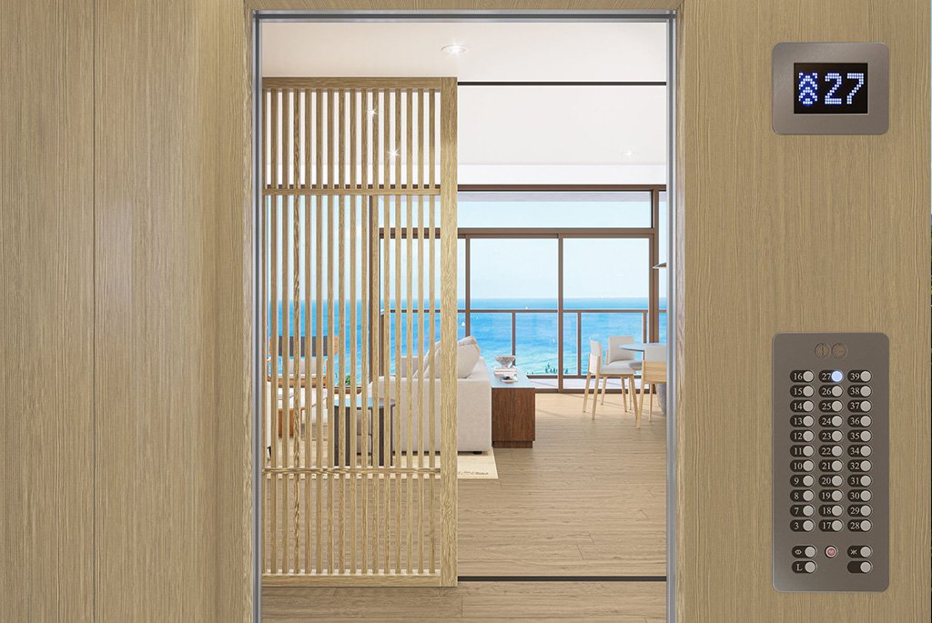 Artist's conception of a private elevator opening directly into a luxury condo vestibule with ocean views.