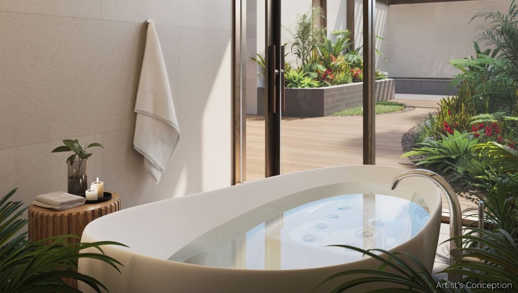 Artist's conception of a luxury spa bathroom with a freestanding soaking tub opening onto a private outdoor tropical garden patio.
