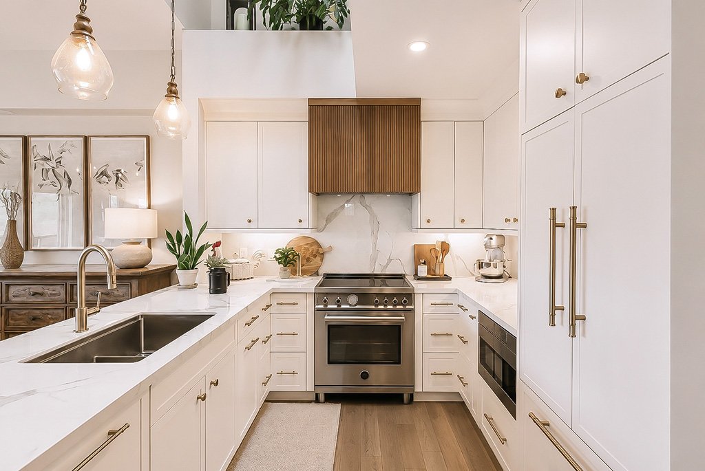 Modern U-shaped kitchen with white cabinets, a waterfall quartz island, a fluted wood range hood, and stainless steel GE appliances.