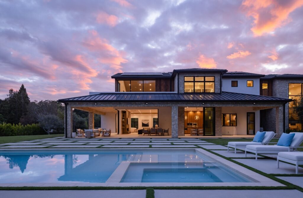 Luxury estate backyard at sunset featuring an illuminated swimming pool, modern white lounge chairs, and a covered patio under a dramatic pink sky.