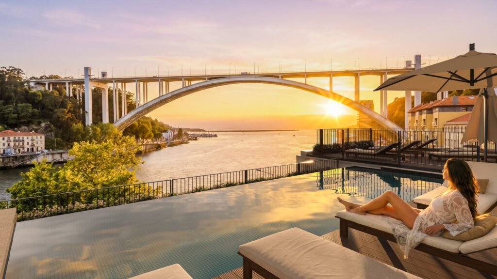 Communal rooftop swimming pool at Prisma Douro in Foz do Douro, Porto, featuring lounge chairs and a sunset view over the Douro River, Arrábida Bridge, and Atlantic Ocean.