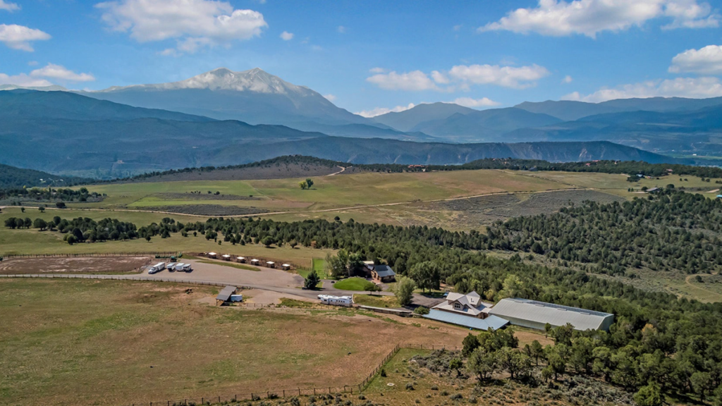 Aerial view of the sprawling mountain ranch and expansive grounds at Paradise Ridge in Carbondale Colorado.
