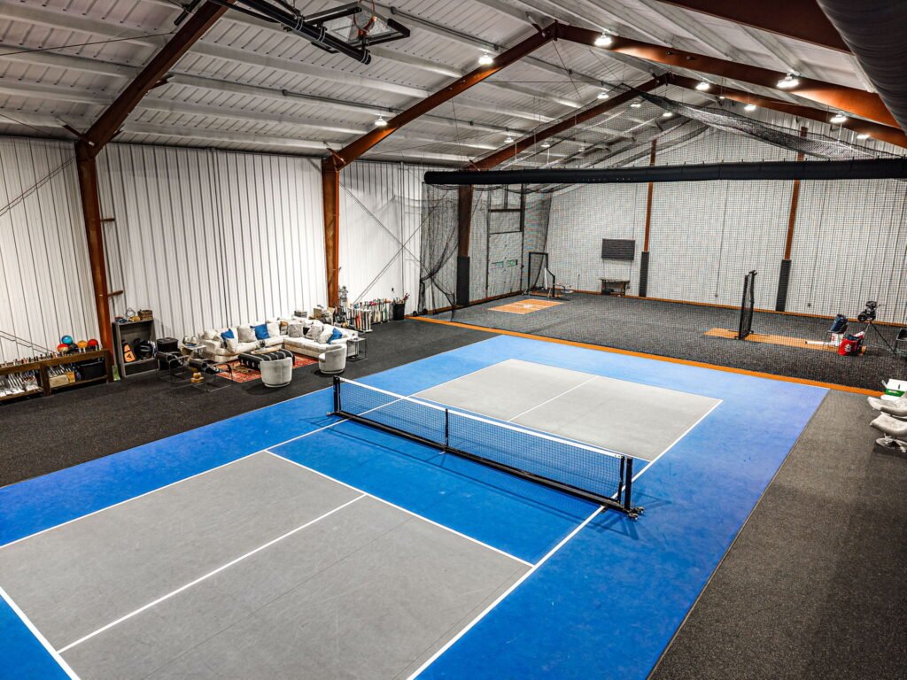 Indoor pickleball court and baseball batting cages at 3003 Country Club Drive in Stillwater Oklahoma.