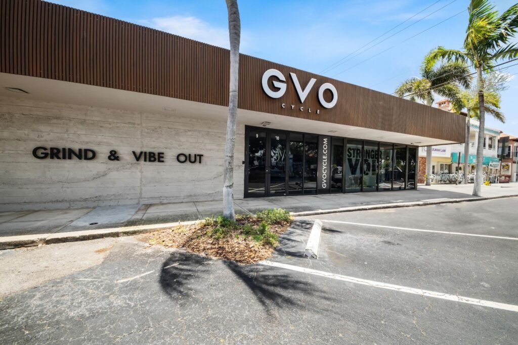 Commercial building exterior and storefront of GVO Cycle fitness studio in Fort Lauderdale.