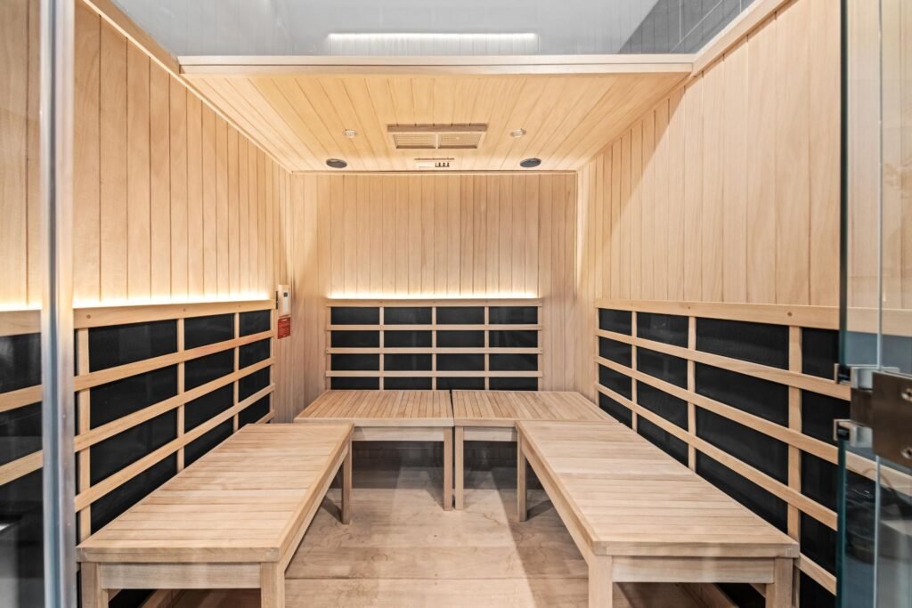 Infrared sauna room in the recovery zone at GVO Cycle fitness studio.