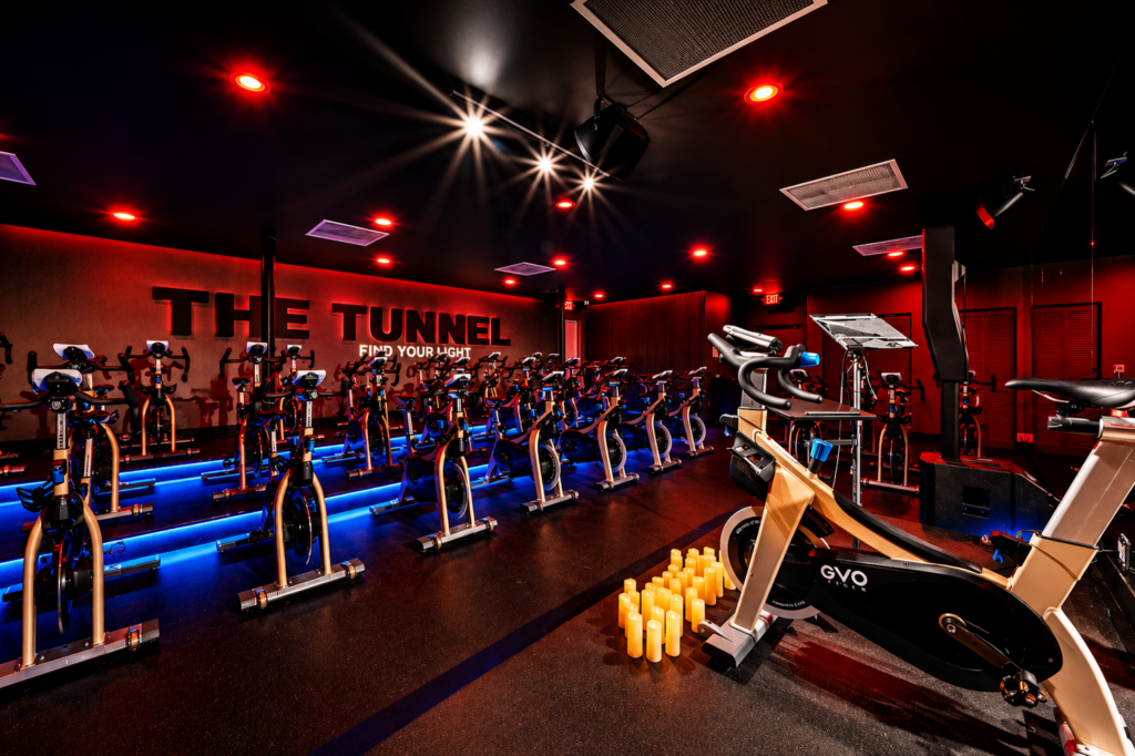 The Tunnel rhythm-based indoor cycling room at GVO Cycle fitness studio.