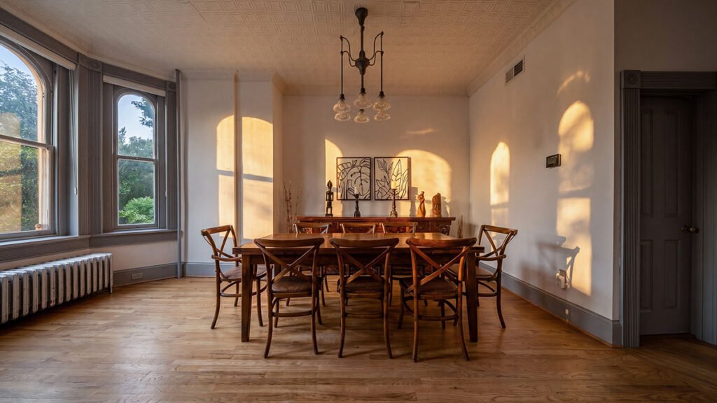Historic 1890s Victorian dining room in Washington DC with soaring ceilings, modern staging, and golden hour natural light.